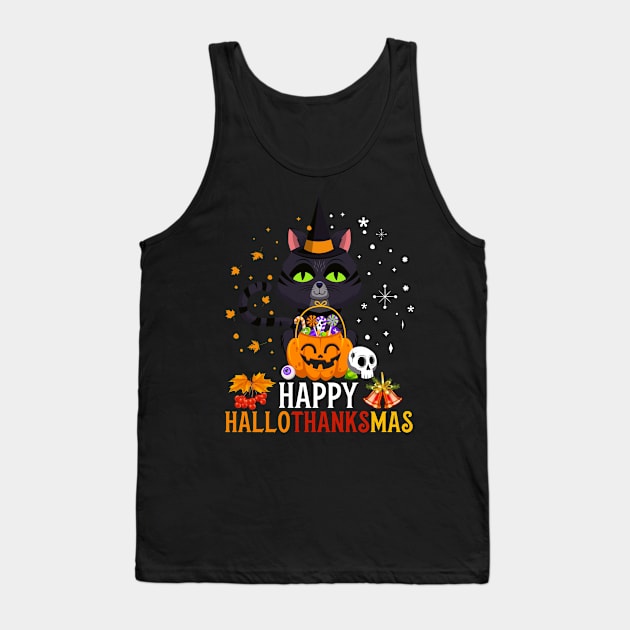 Black Cat Halloween And Merry Christmas Happy Hallothanksmas Tank Top by folidelarts